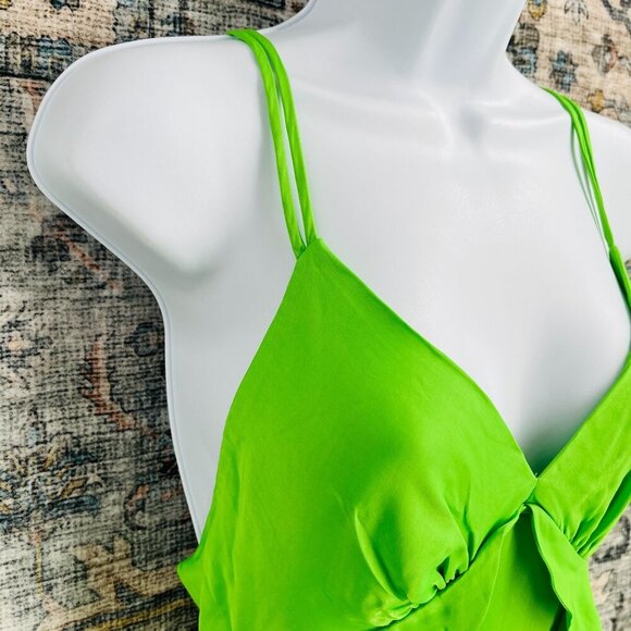 Farm Rio Ruffle Midi Dress Size M Satin Strappy Back Lime Green Plunge New Tags - Picture 3 of 16